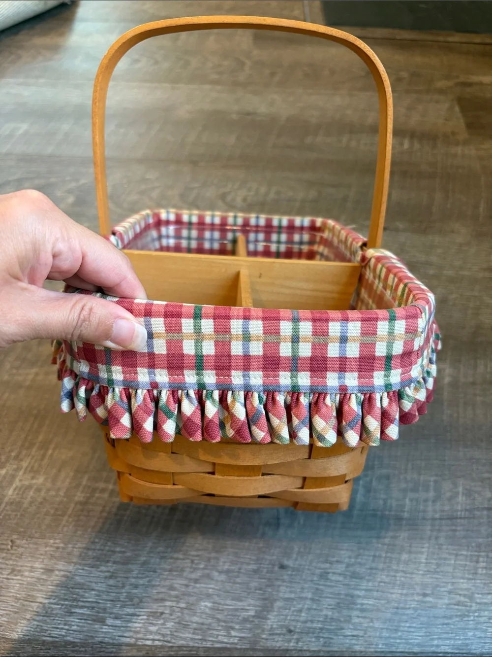 Longaberger Woven Basket Red/White Plaid Liner Wooden Divider & Protector 2000